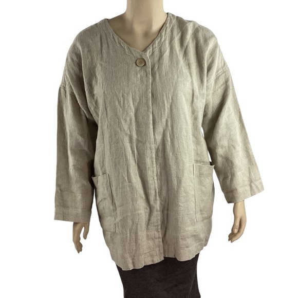 Eileen Fisher Beige Linen V-Neck Hopsack Boxy Jacket Large - Picture 1 of 7